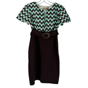 Jennifer Roberts Dress Silk Flutter Sleeve Rhinestone Belted Y2K Teal Brown SZ 4
